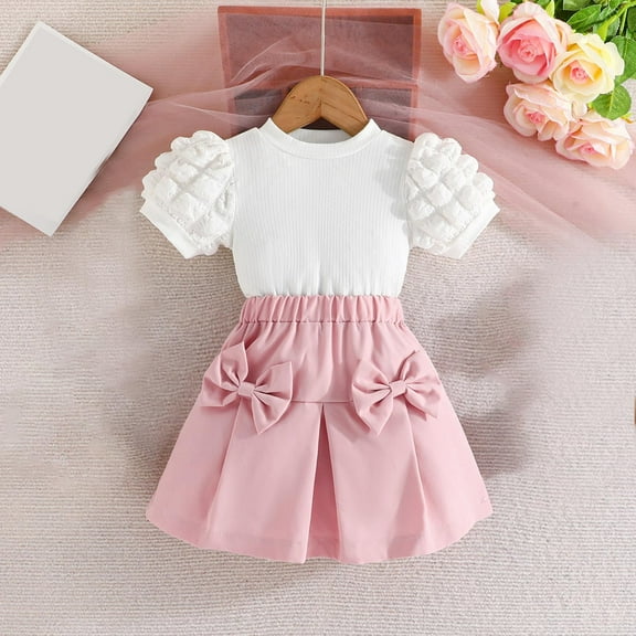 Delliss Girls Skirt Set 2 Piece Outfit Toddler Summer Clothes Bubble Sleeve T-Shirt Bow Knot Tutu Skirt Outfit Set 18 Months 8 Years