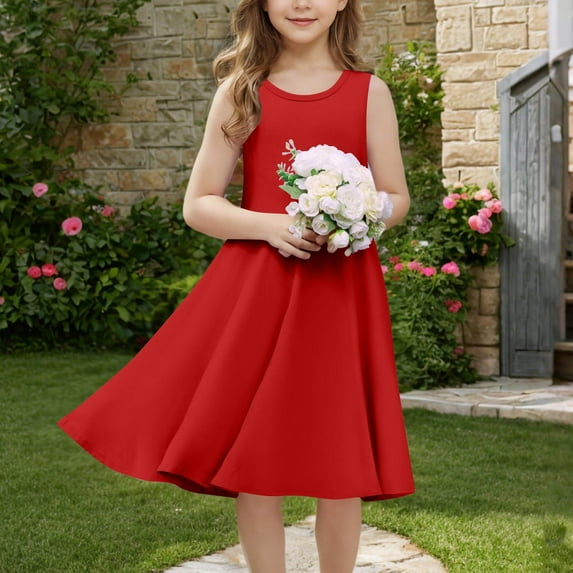 Delliss Girls Sleeveless Dress Summer Casual Beach A-Line Sundress with Pockets Loose Tank Dress 5-15 Years
