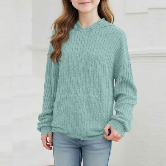 Delliss Girls' Solid Color Knitted Round Neck Hooded Long Sleeve Hooded Top Light blue 130