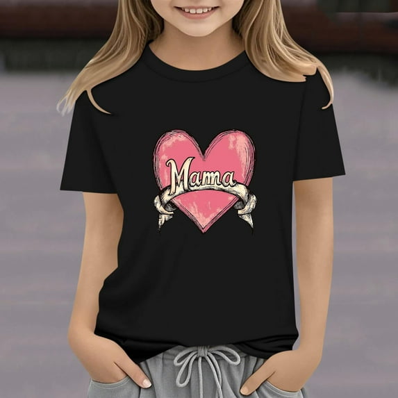 Delliss Girls' Spring and Summer Casual love Printed Short Sleeve Round Neck Children's Top 2-14 Years