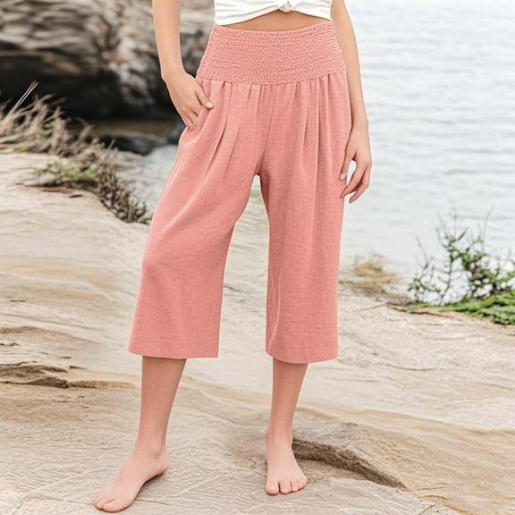 Delliss Girls Straight Cropped Pants Pleat Loose Casual Capri Wide Leg Elastic Waist with Pocket Trouses