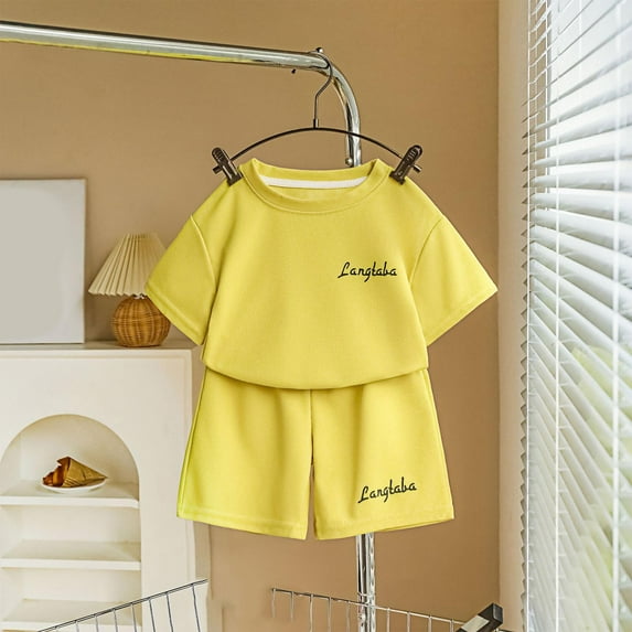 Delliss Girls Summer 2 Piece Outfits Short Sets Casual Solid color Short Sleeve Tops and Elastic Waisted Shorts Sports Suit 1-13Y