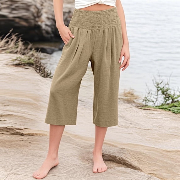 Delliss Girls Summer 2025 Straight Capri Pants Elastic Waist Yoga Casual Cropped Pants Trousers