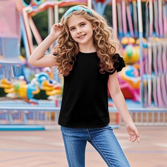 Delliss Girls Summer Casual Hollow Out Ruffled Sleeve Tops Crew Neck T Shirts Cute Top Tees