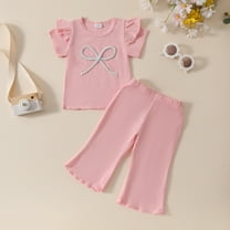 Delliss Girls Summer Clothes Girls Outfits bow short rolled edge bubble sleeves Tops waist long flared pants two-piece set Wide Leg Pants 0-3 Years