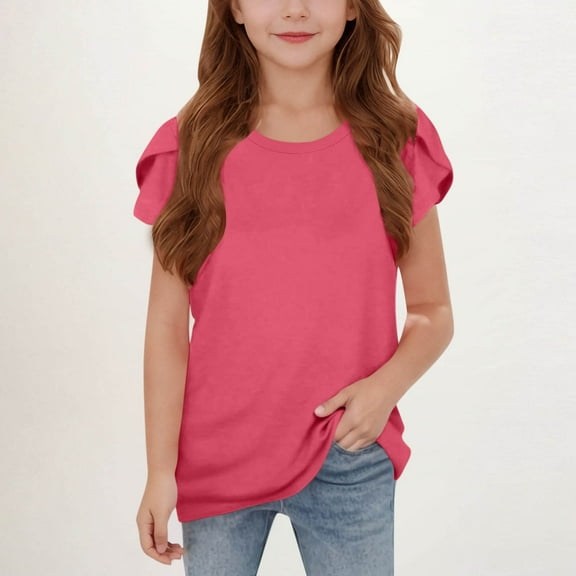 Delliss Girls' Summer Crew Neck T Shirts Petal Sleeve Cute Casual Fashion Tops 5-15 Years