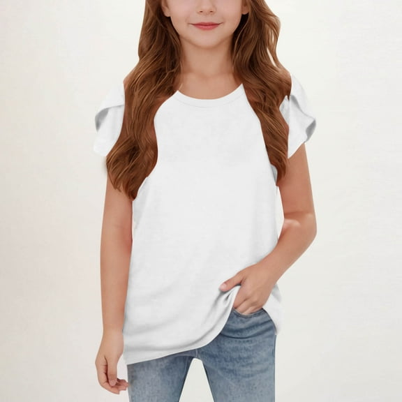Delliss Girls' Summer Crew Neck T Shirts Petal Sleeve Cute Casual Fashion Tops 5-15 Years
