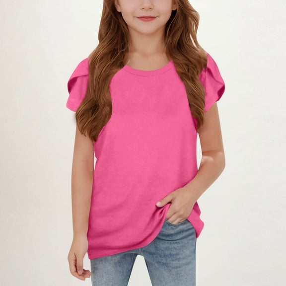 Delliss Girls' Summer Crew Neck T Shirts Petal Sleeve Cute Casual Fashion Tops 5-15 Years