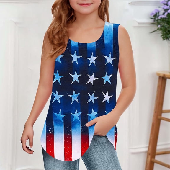 Delliss Girls' Summer Daily Tie Dye Crew Neck Tank Tops Casual Sleeveless Loose Dressy T Shirt