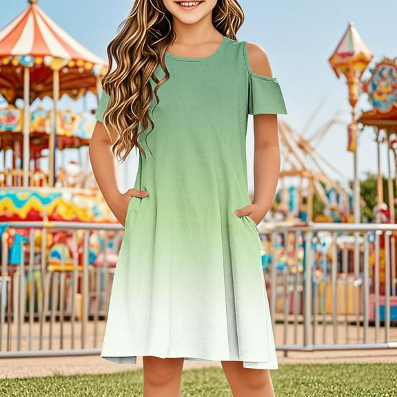 Delliss Girls Summer Dress Short Sleeve Cold Shoulder Solid Color Swing Casual Gradient Dresses with Pockets