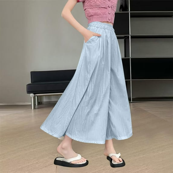 Delliss Girls' Summer Elastic Waist Wide Leg Pants Skirt Pants Solid Color Casual Pants Outdoor Pants 4-14 Years