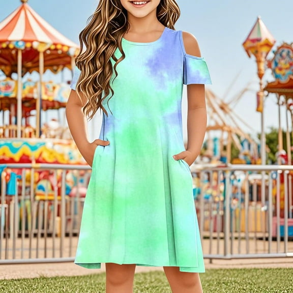 Delliss Girls Summer Tie Dye Dress Off Shoulder Flutter Sleeve Casual Formal Dresses with Pocket