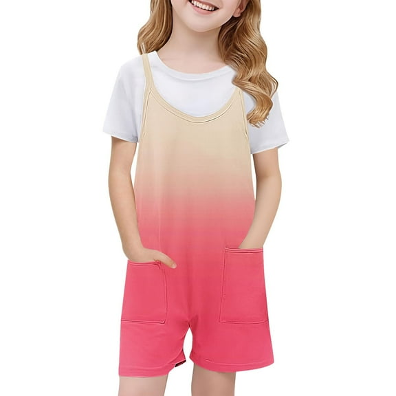 Delliss Girls Summer Tie-dye Jumpsuits Sleeveless Spaghetti Strap Romper Summer Gradient Casual Shorts Jumpsuit with Pockets 5-13Y