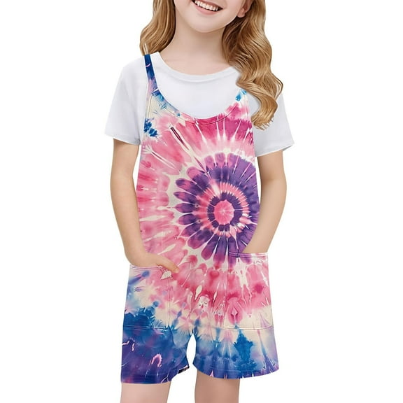 Delliss Girls Summer Tie-dye Jumpsuits Sleeveless Spaghetti Strap Romper Summer Gradient Casual Shorts Jumpsuit with Pockets 5-13Y