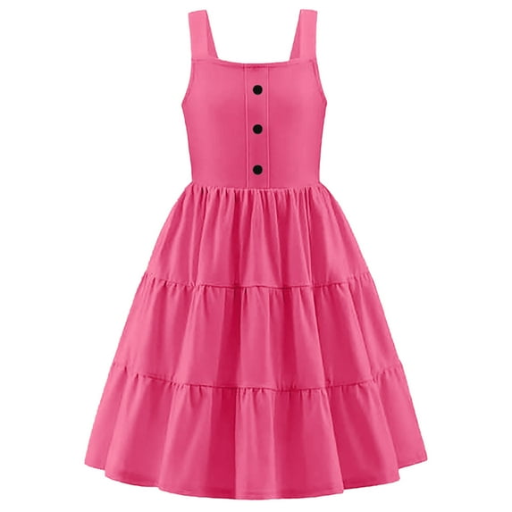 Delliss Girls' Summer flying sleeve Ruffled Pockets Crew Neck Solid color Dress casual sleeveless button hem flowing layered dress Dresses for Juniors