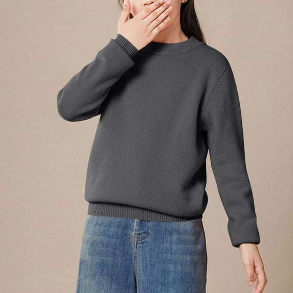 Delliss Girls Sweaters Long Sleeve Solid Color Pullover Lightweight Tops 2-14 Years Crewneck Sweatshirt