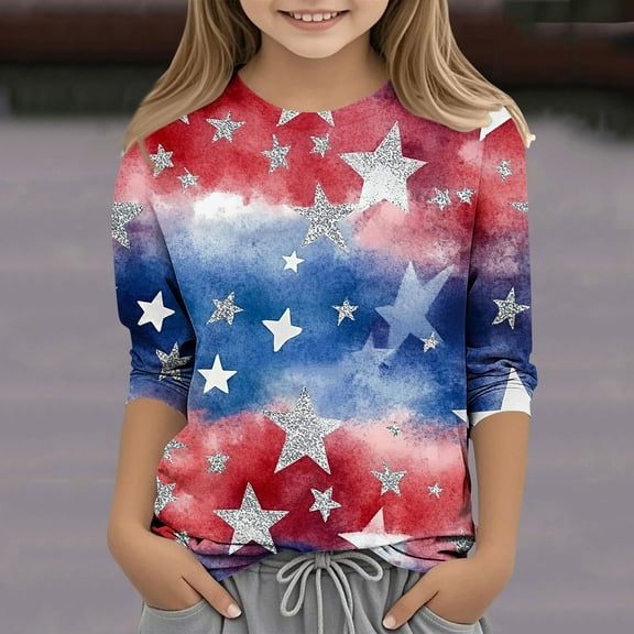 Delliss Girls' Sweatshirt 3/4 Sleeve Graphic 4Th Of July Shirts 2025 Cute Casual Pullover 3-12 Years