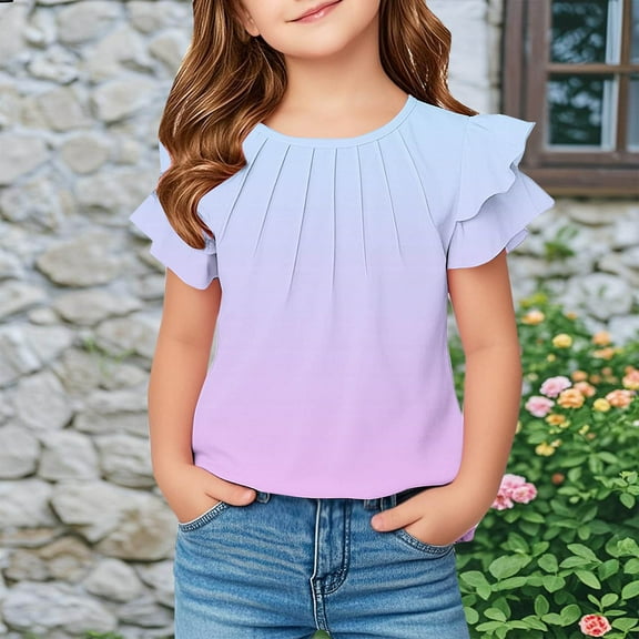Delliss Girls T-shirts Ruffle Short Sleeve Summer Gradient Pleated Crewneck Casual Tops Tees Blouses