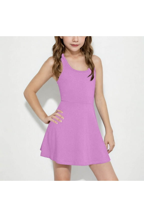 Girls Tennis Golf Dress Kids Sleevelesss U-Neck Solid Color Athletic Workout Active Dance Dresses