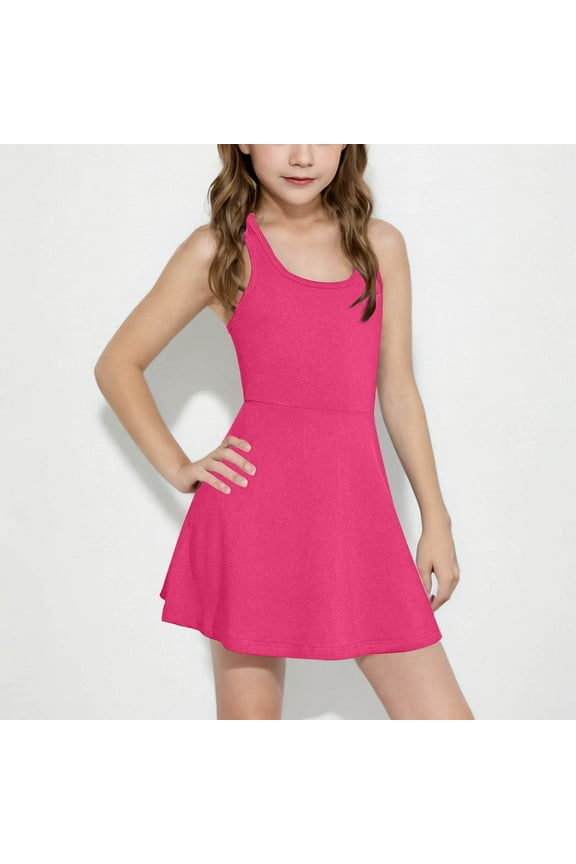 Girls Tennis Golf Dress Kids Sleevelesss U-Neck Solid Color Athletic Workout Active Dance Dresses