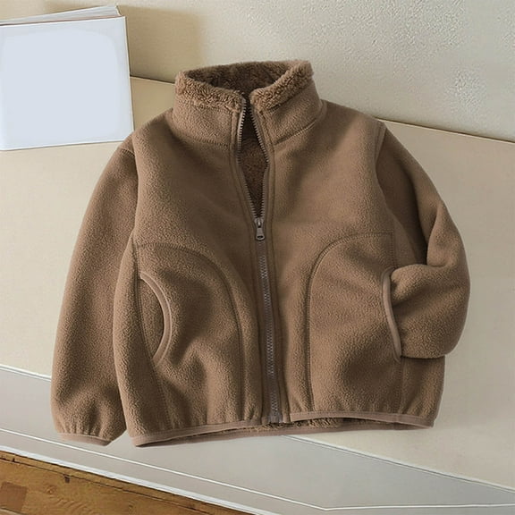 Delliss Girls' Thick Jacket Fleece Top Warm Zipper Coat Coffee 11-12Years
