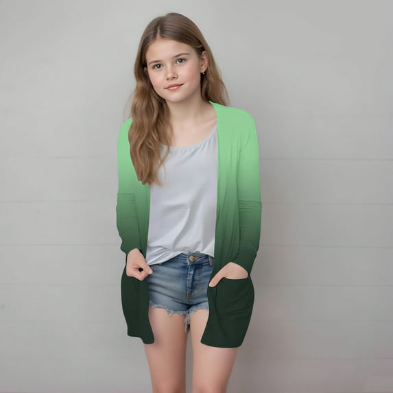 Delliss Girls' Trendy Cardigan Thin Top With Pocket Fall Clothes Army Green 140