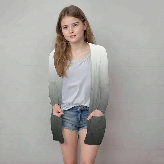 Delliss Girls' Trendy Cardigan Thin Top With Pocket Fall Clothes Black 150