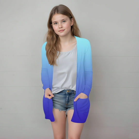 Delliss Girls' Trendy Cardigan Thin Top With Pocket Fall Clothes Blue 140