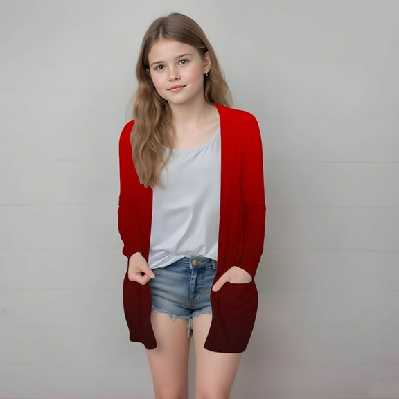 Delliss Girls' Trendy Cardigan Thin Top With Pocket Fall Clothes Wine 120