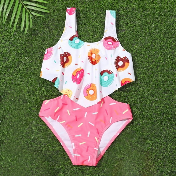 Delliss Girls Two Piece Swimsuits Cute Donut Print Bathing Suits Quick Dry Beach Swimwear Summer Beach Bathing Swimsuit