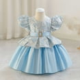 thumbnail image 1 of Delliss Girls Vintage Crew Neck Bubble Sleeve Trendy Princess Dress Blue 12 Months, 1 of 6