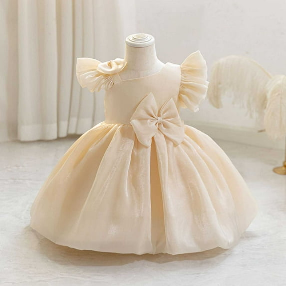 Delliss Girls' Vintage Off The Shoulder Fashion Solid Color Dress Princess Wedding Bridesmaid Holiday Ballgown Dress Beige 4 Years