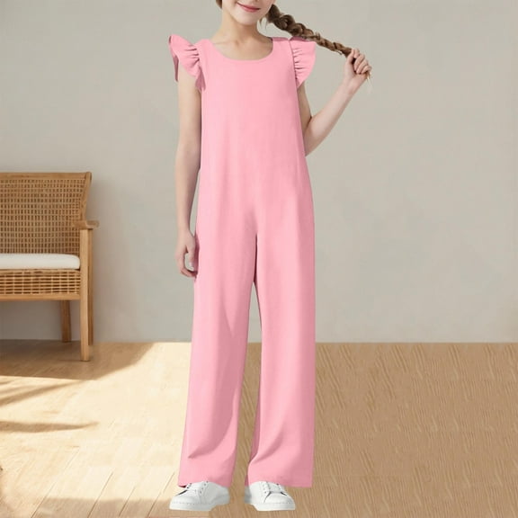 Delliss Girls Wide Leg Overalls Kids Cute Casual Ruffle Sleeve Crew Neck Loose Jumpsuit With Pockets 5-15 Years
