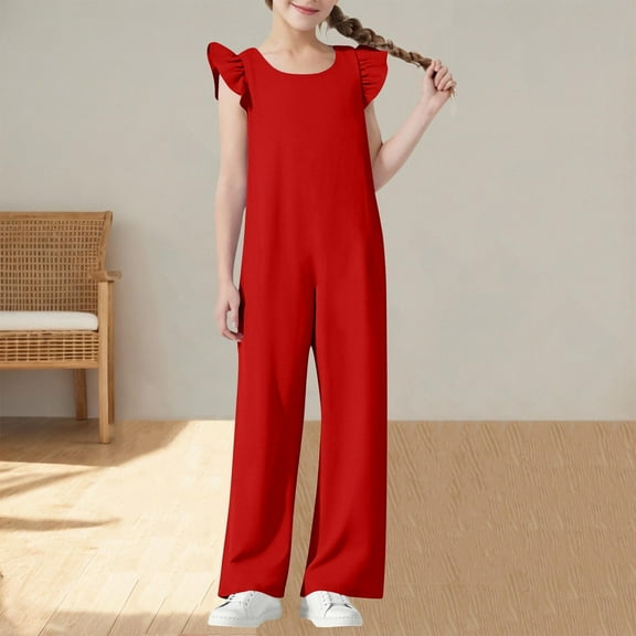 Delliss Girls Wide Leg Overalls Kids Cute Casual Ruffle Sleeve Crew Neck Loose Jumpsuit With Pockets 5-15 Years