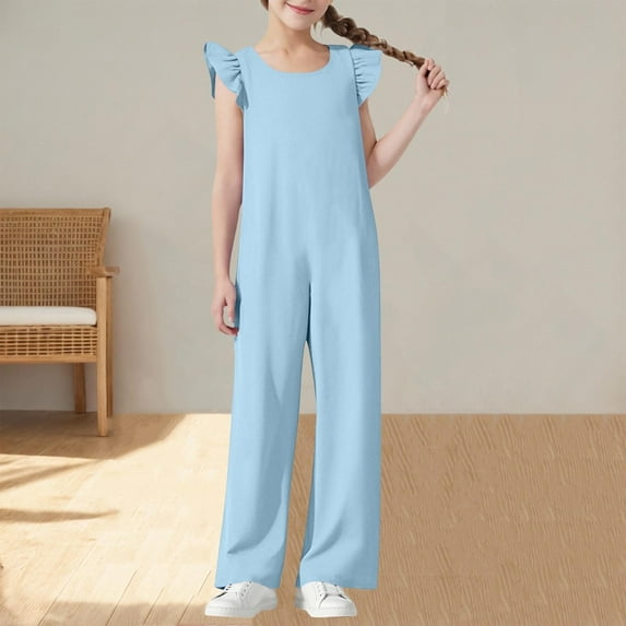 Delliss Girls Wide Leg Overalls Kids Cute Casual Ruffle Sleeve Crew Neck Loose Jumpsuit With Pockets 5-15 Years