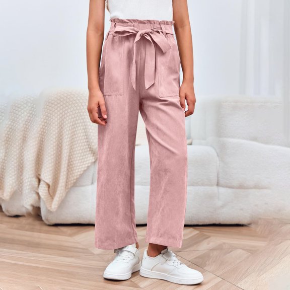 Delliss Girls Wide Leg Pants Kids High Waisted Loose Fit Comfy Belted Lounge Trousers with Pockets 4-13Years