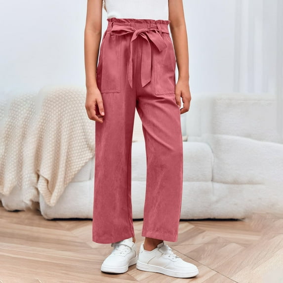 Delliss Girls Wide Leg Pants Kids High Waisted Loose Fit Comfy Belted Lounge Trousers with Pockets 4-13Years