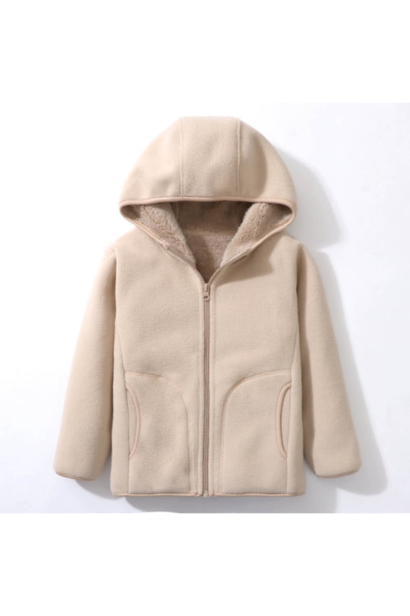 Girls' Winter Thick Woolen Hooded Jacket Warm Windproof Jacket Fleece Clothes Khaki 6-7Years