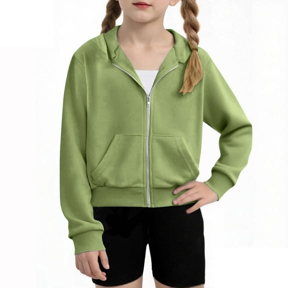 Delliss Girls' Zipper Short hooded Sweatshirt Long Sleeve Sports Jacket With Pocket Green 11 Years