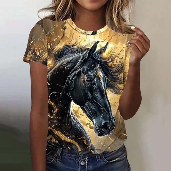 Delliss Horse Shirts for Women Horse Riding Tee Shirt Animal Lover Gift Western Country Summer Casual Graphic Tees Tops