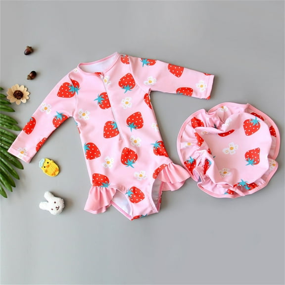 Delliss Infant Baby Girl Swimsuit One-Piece Long Sleeve Ruffle Swimsuit with Hat Set Strawberry Print Zipper Bathing Suit Beach Wear 1-6 Years