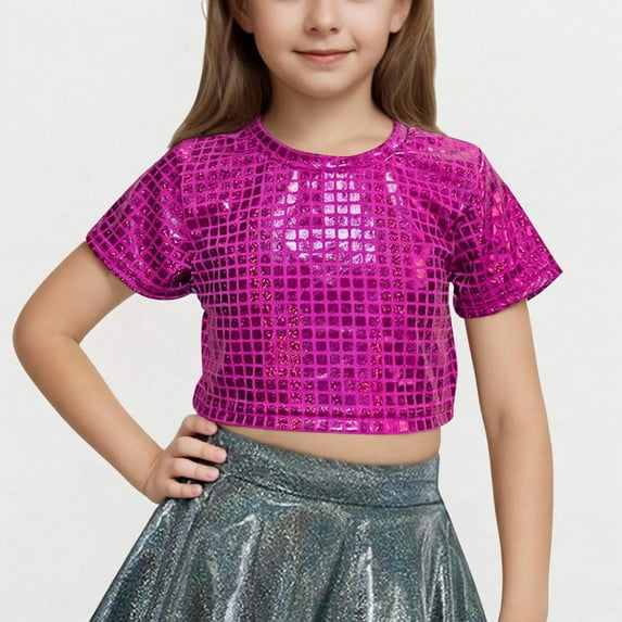 Delliss Kids Girls Boys Metallic Shiny T-Shirt Short Sleeve Performance Costume Jazz Hip Hop Modern Dance Blouse
