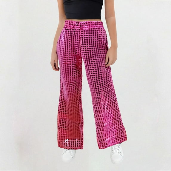 Delliss Kids Girls Sequin Flare Pants Sparkly Sequins Dance Pants Wide Leg Flared Trousers Hip Hop Jazz Disco Performance Costume
