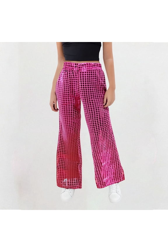 Kids Girls Sequin Flare Pants Sparkly Sequins Dance Pants Wide Leg Flared Trousers Hip Hop Jazz Disco Performance Costume