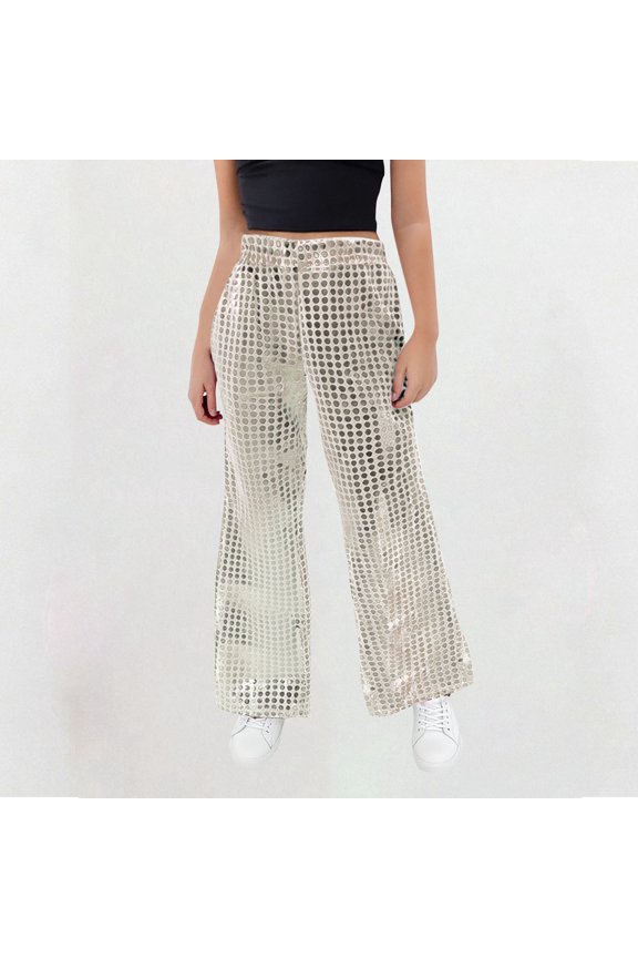 Kids Girls Sequin Flare Pants Sparkly Sequins Dance Pants Wide Leg Flared Trousers Hip Hop Jazz Disco Performance Costume