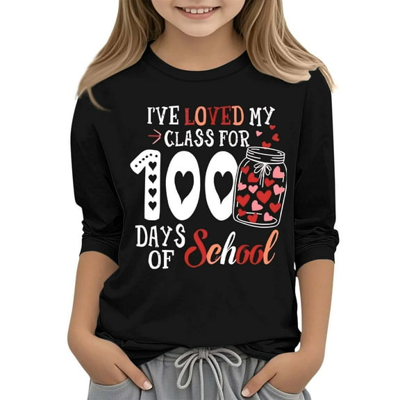 Delliss Kids Little Girls 100 Days of School Shirt 3/4 Sleeve Funny Graphic Letters Print Celebration Top 3-12 Years