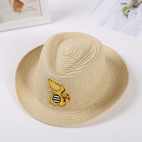 Delliss Kids Summer Straw Cowgirl/Cowboy Hat with Dinosaur Wide-Brim Sun Hat for Toddler Beach Sunscreen And Breathable Sun Hat