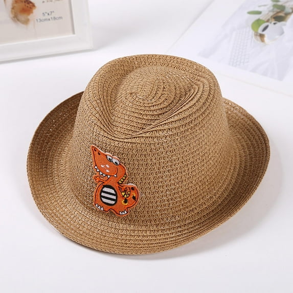 Delliss Kids Summer Straw Cowgirl/Cowboy Hat with Dinosaur Wide-Brim Sun Hat for Toddler Beach Sunscreen And Breathable Sun Hat