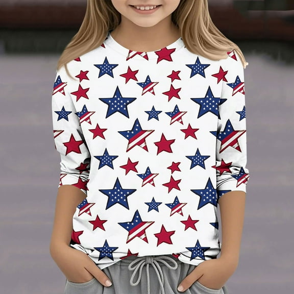 Delliss Kids Tops Girls 3/4 Sleeve Casual Tee Shirts Independent Day Pinted Fashion Sweatshirt Shiny Pullover Top 3-12 Years