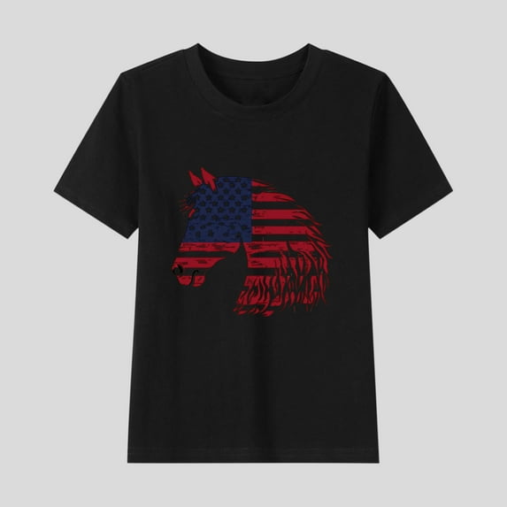 Delliss Kids Tops Horse Print Short Sleeve Summer Tshirts Girls Color Block Loose Fashion Tees 2-15 Years